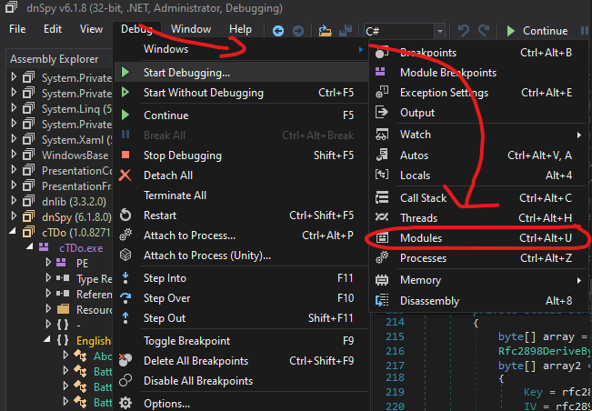 Debug memory-loaded modules