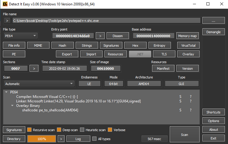 Example pe_to_shellcode detected